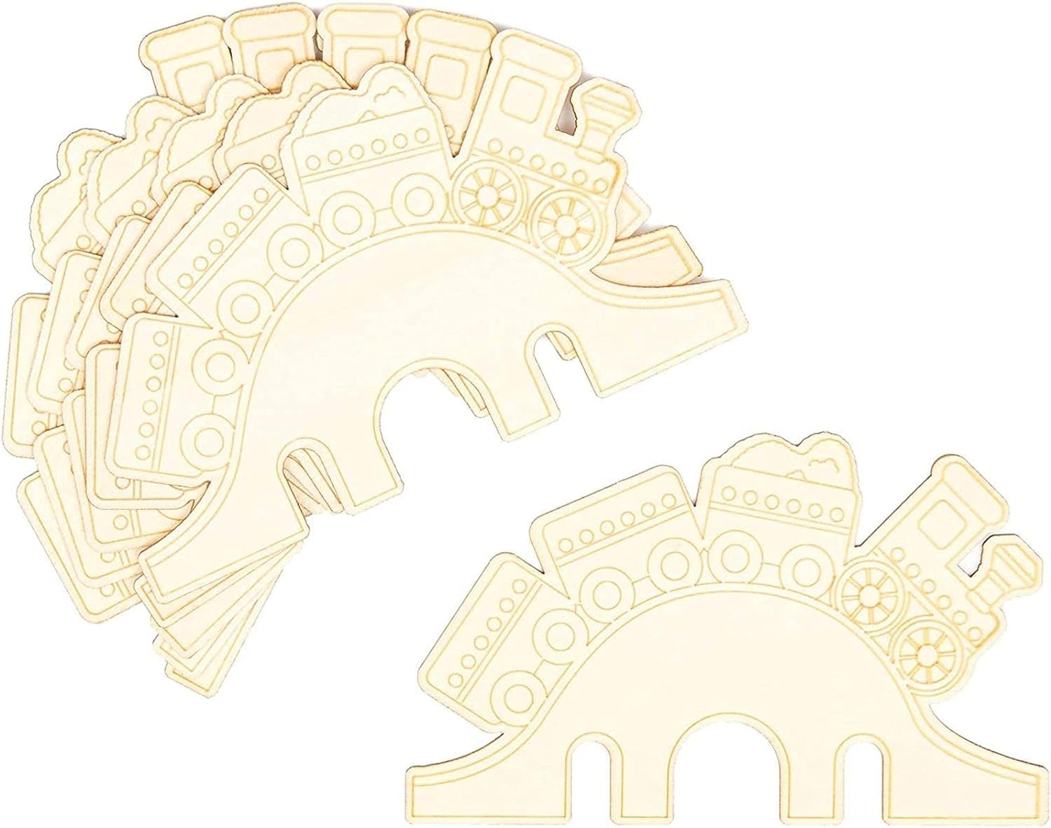 Set of wooden train shapes on a white background