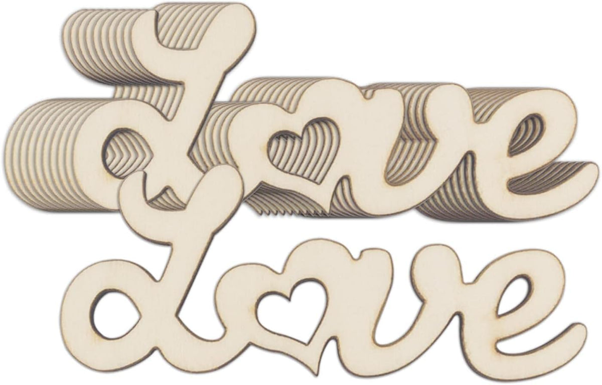 Wooden decorative letters spelling 'I love' on a white background