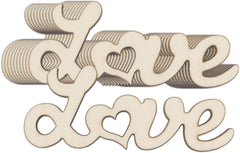 Wooden decorative letters spelling 'I love' on a white background