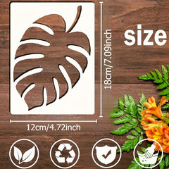 Wooden leaf-shaped stencil with dimensions on a wooden background