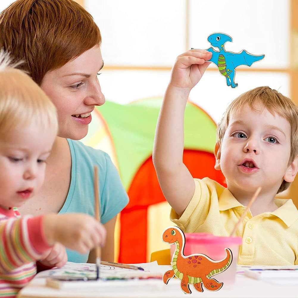 Woman and two children playing with colorful dinosaur toys indoors.