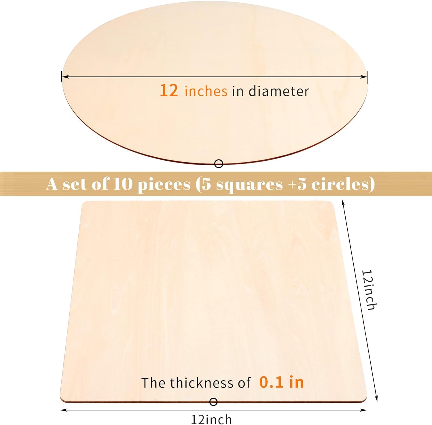 Set of 10 wooden shapes with measurements on a white background