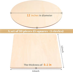 Set of 10 wooden shapes with measurements on a white background
