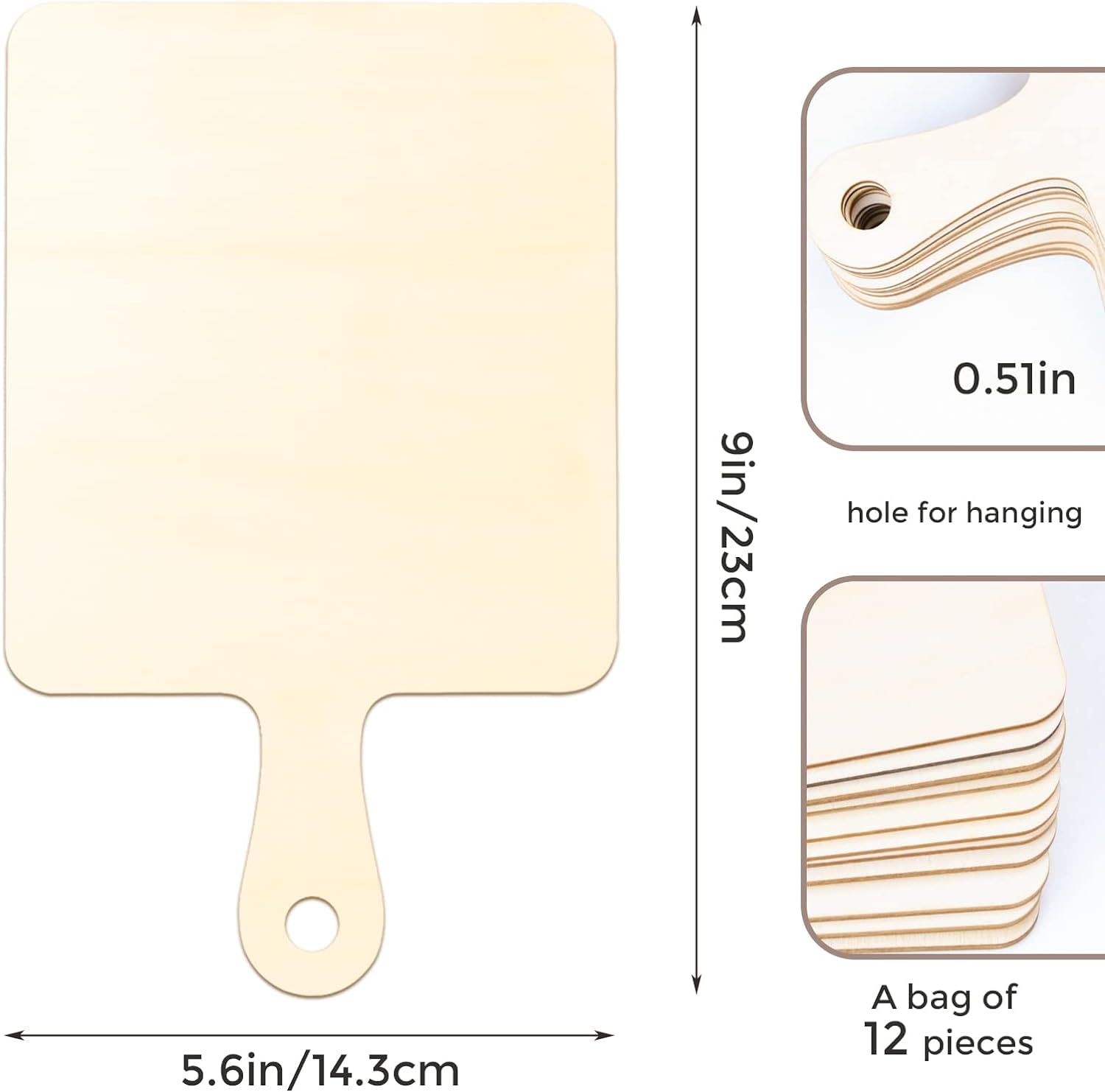 Wooden cutting board with dimensions and hanging hole details on a white background