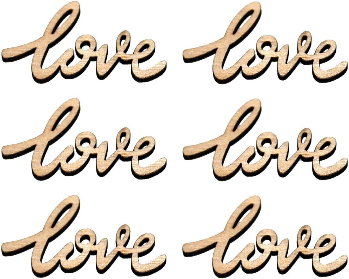Wooden cutouts of the word 'love' in various styles on a white background