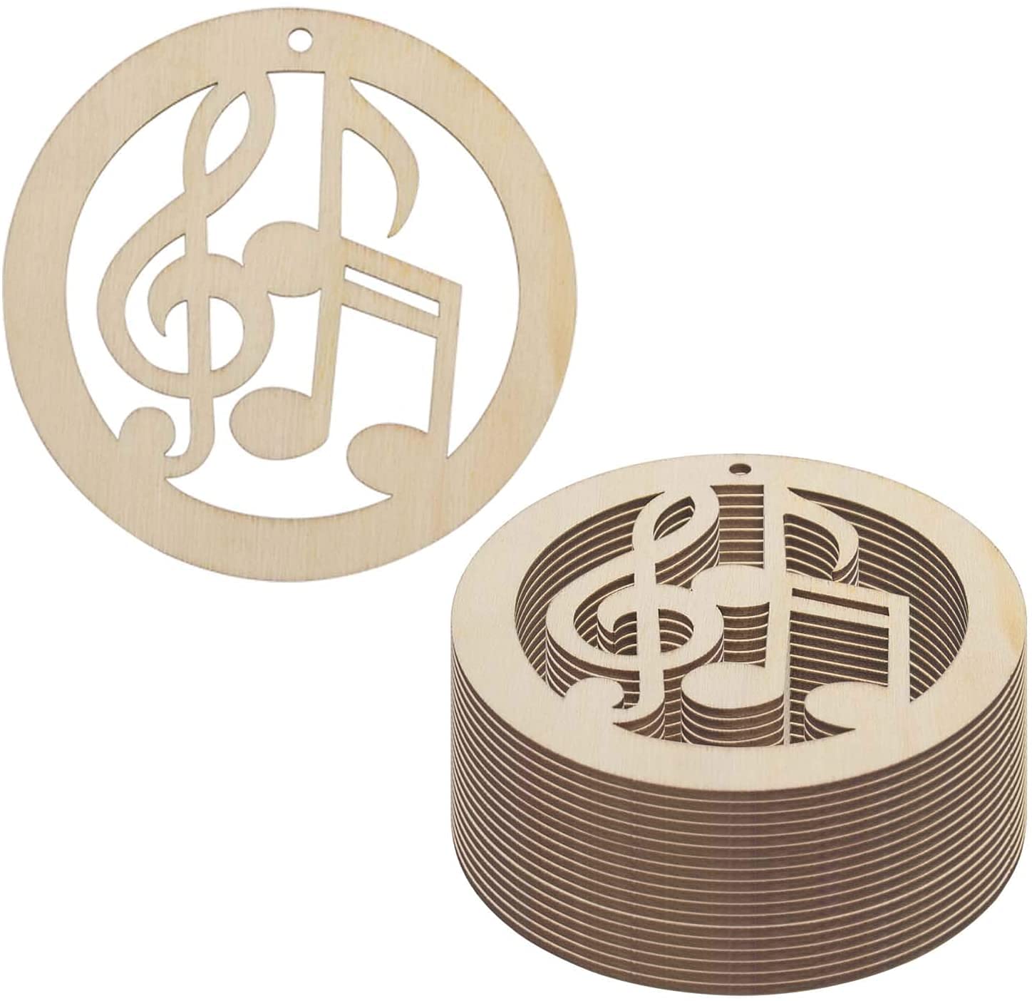 Stack of wooden cutouts with musical note design on a white background