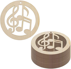 Stack of wooden cutouts with musical note design on a white background