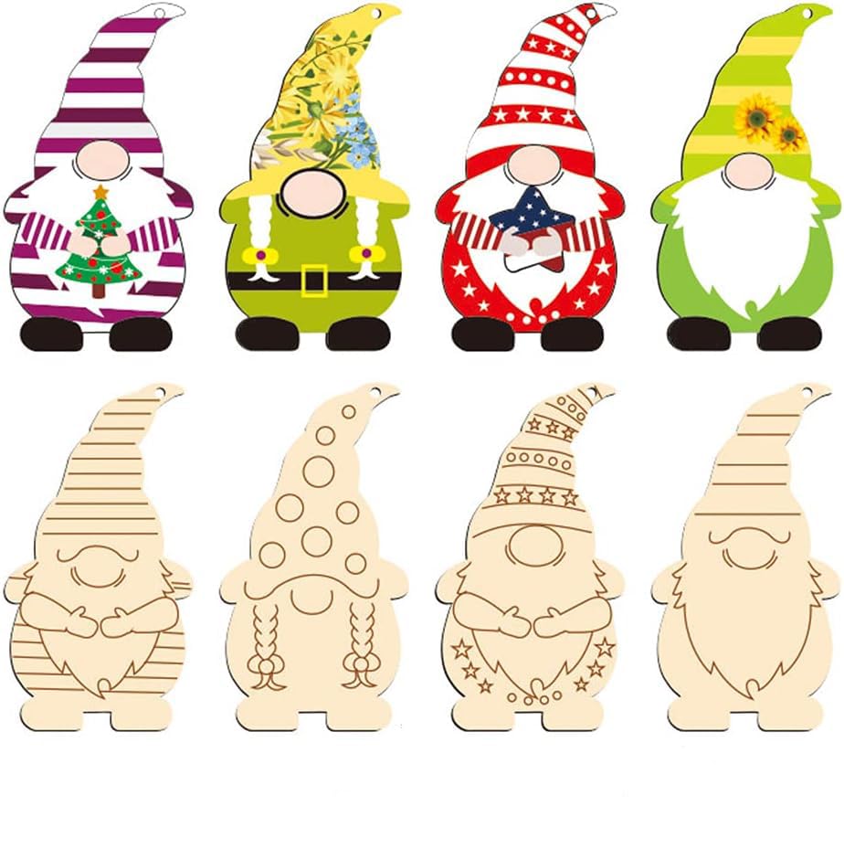 Set of wooden gnomes with various designs on a white background