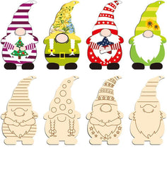Set of wooden gnomes with various designs on a white background