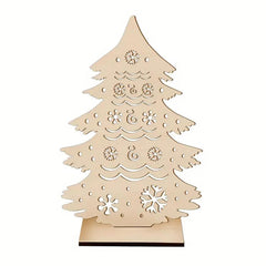 Wooden Christmas tree decoration with cut-out patterns on a white background