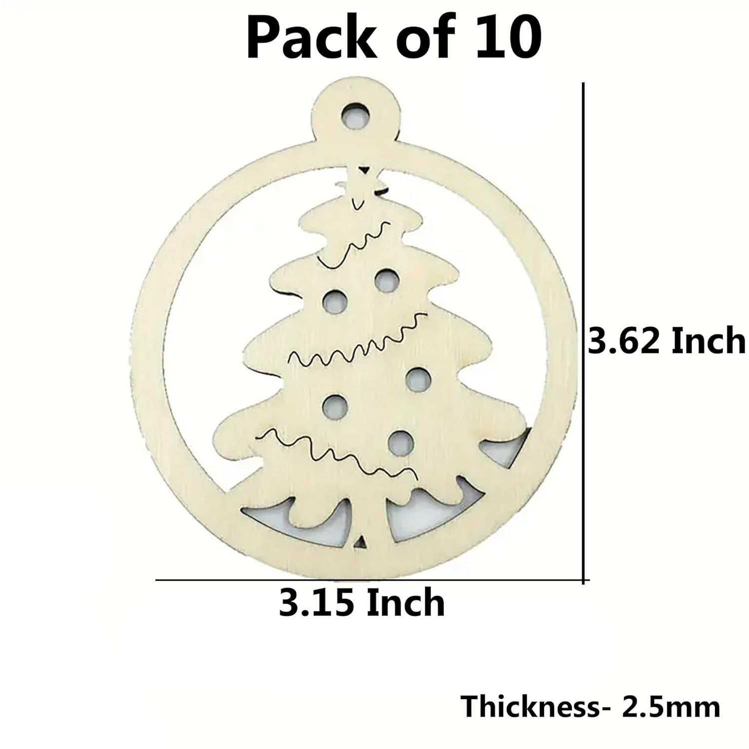 Wooden Christmas tree ornament with measurements on a white background