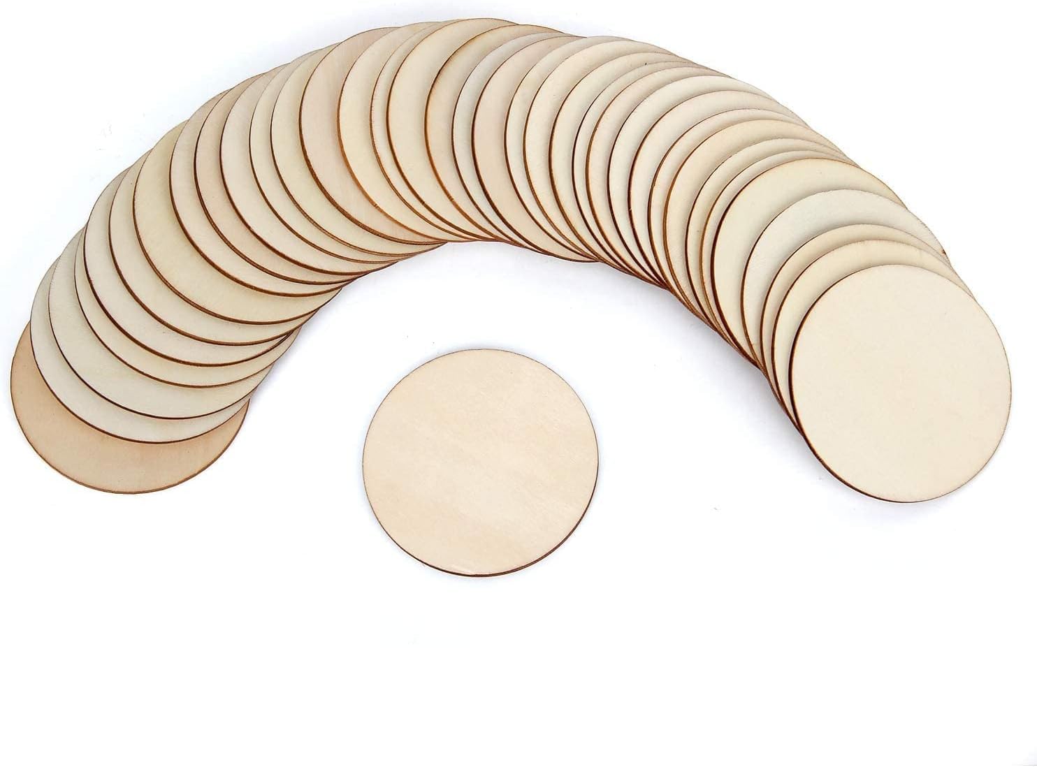 Stack of round wooden cutouts on a white background