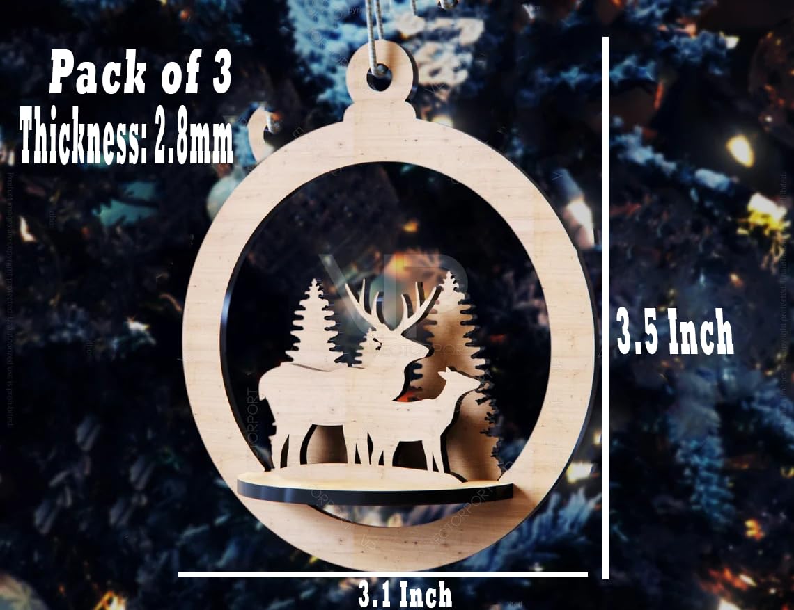 Wooden ornament with deer design, measurements, and pack information on a blurred nature background