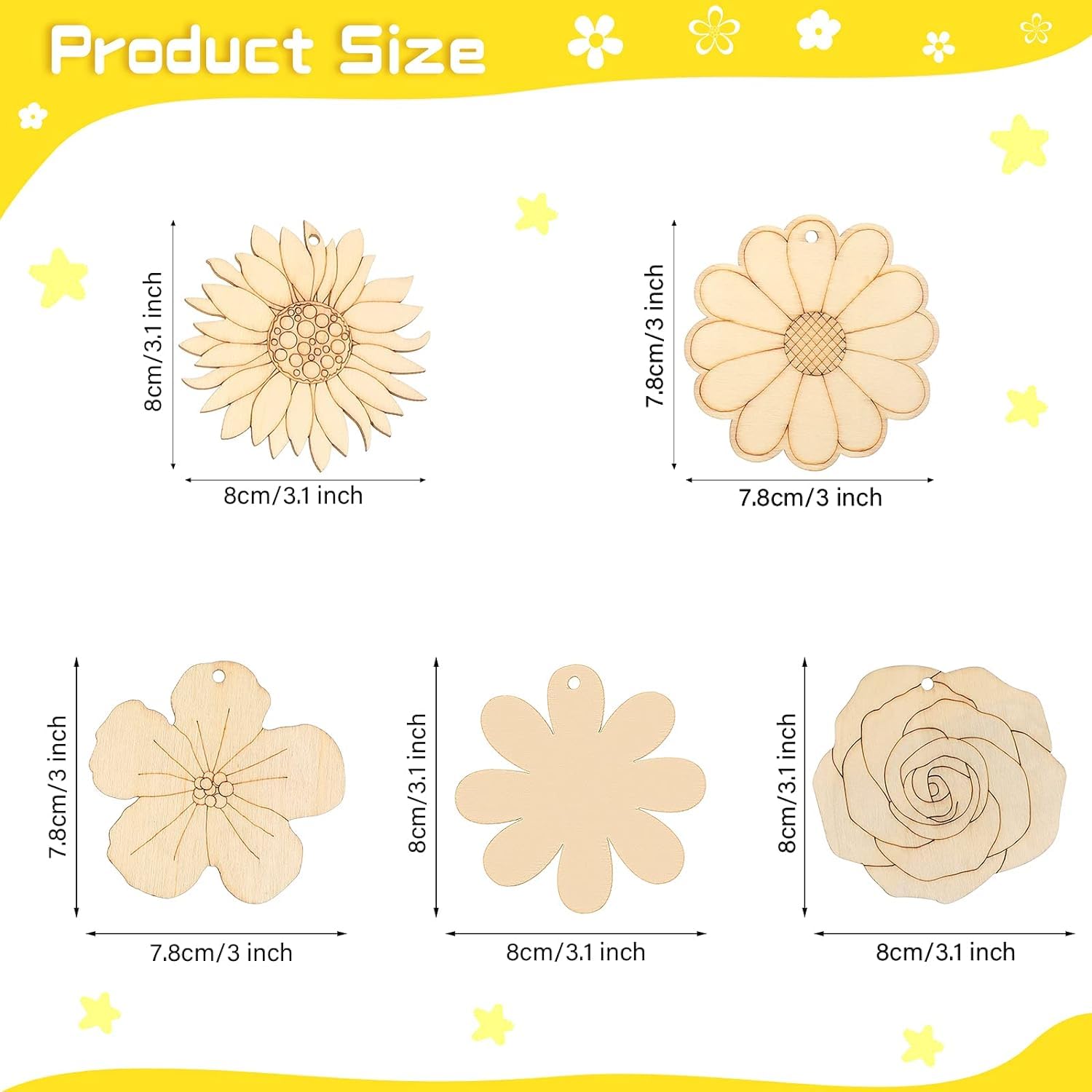 Set of wooden flower shapes with measurements on a yellow background