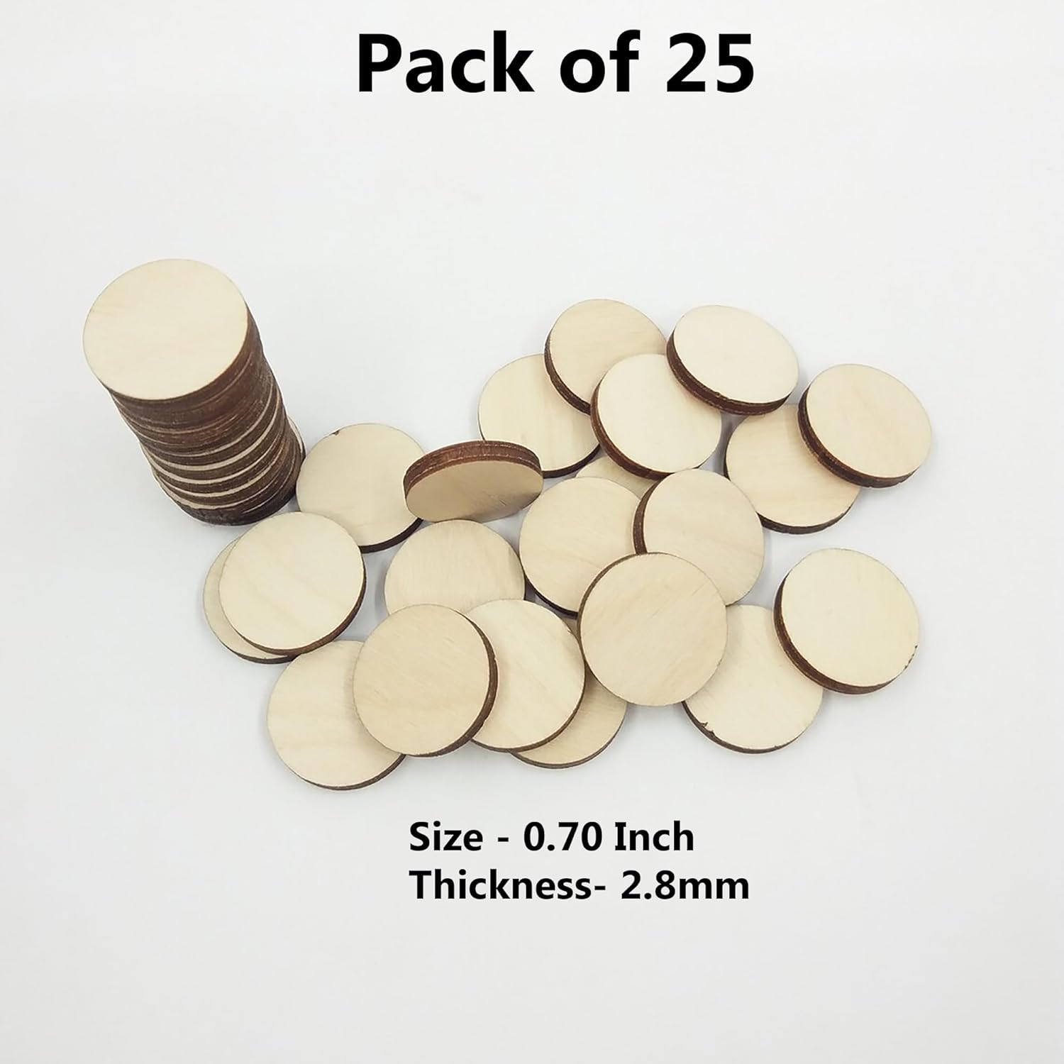 Pack of 25 wooden discs with size and thickness details on a white background
