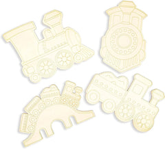 Four train-shaped cookie cutters on a white background