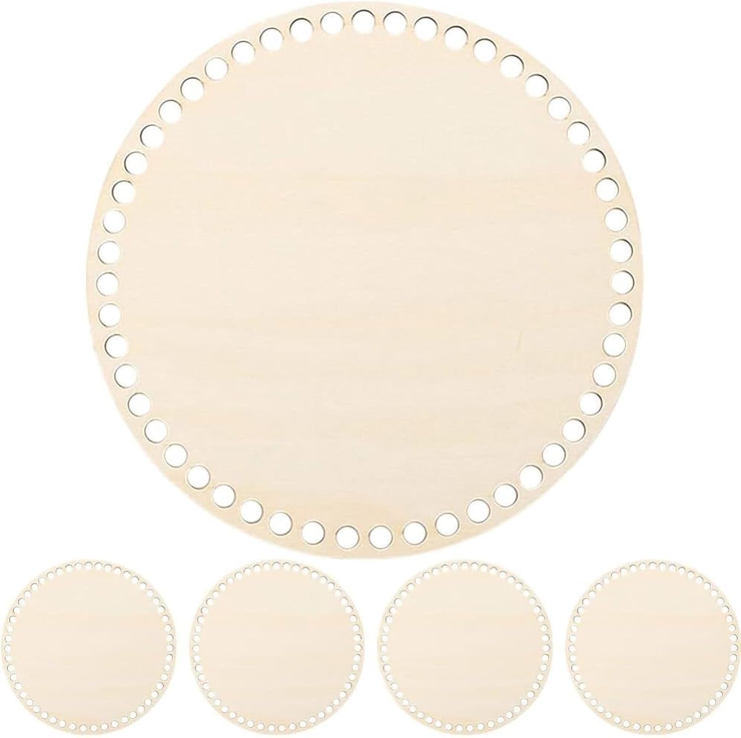 Set of round, beige paper doilies with scalloped edges on a white background.