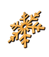 Wooden snowflake ornament with black accents on a white background