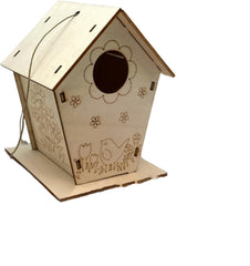 Wooden birdhouse with floral and bird designs on a white background