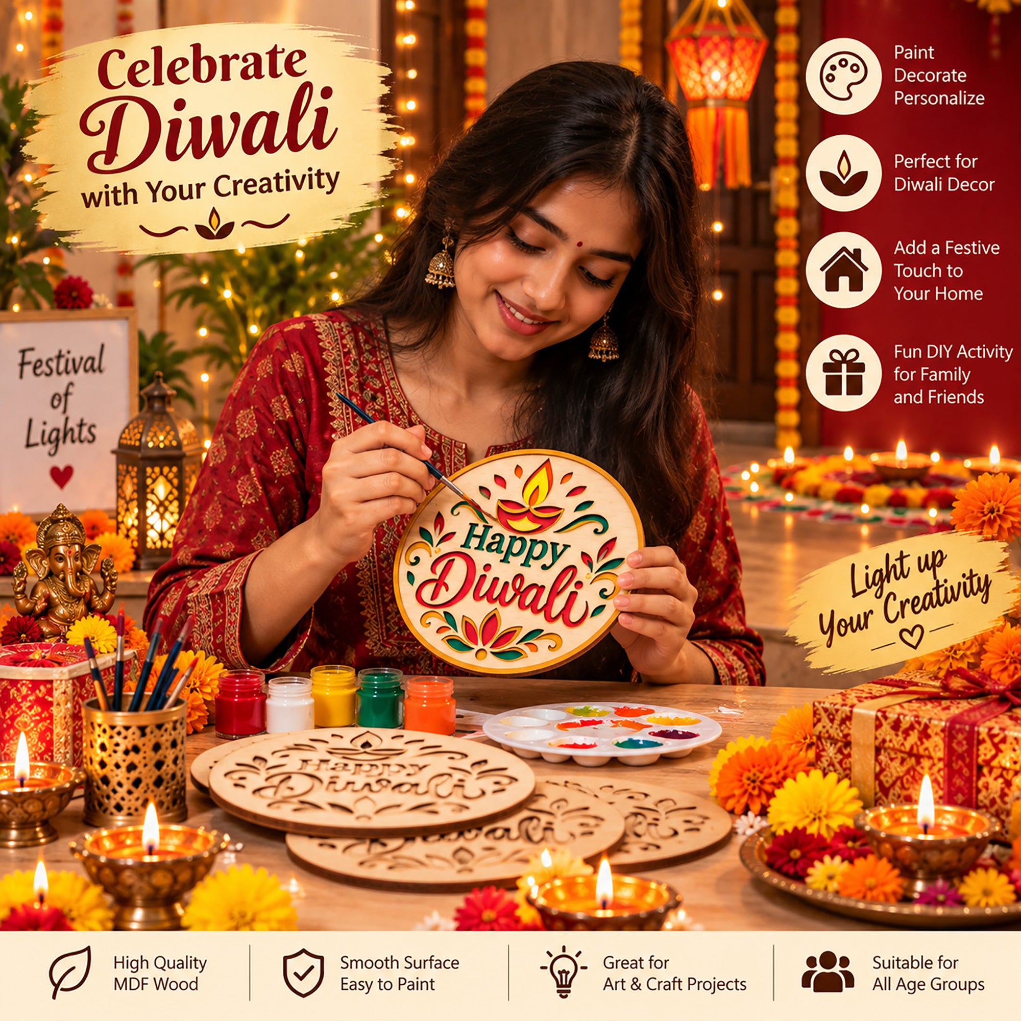 wooden happy diwali sign for diy decoration