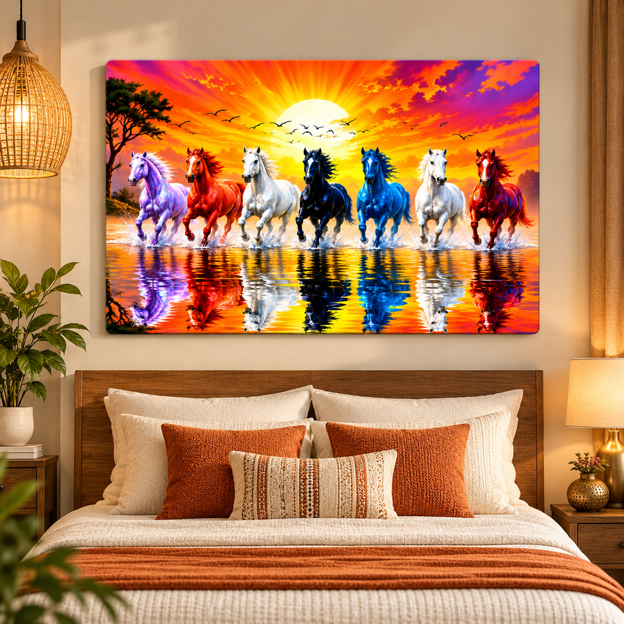 Sunrise reflection horse painting for home decoration