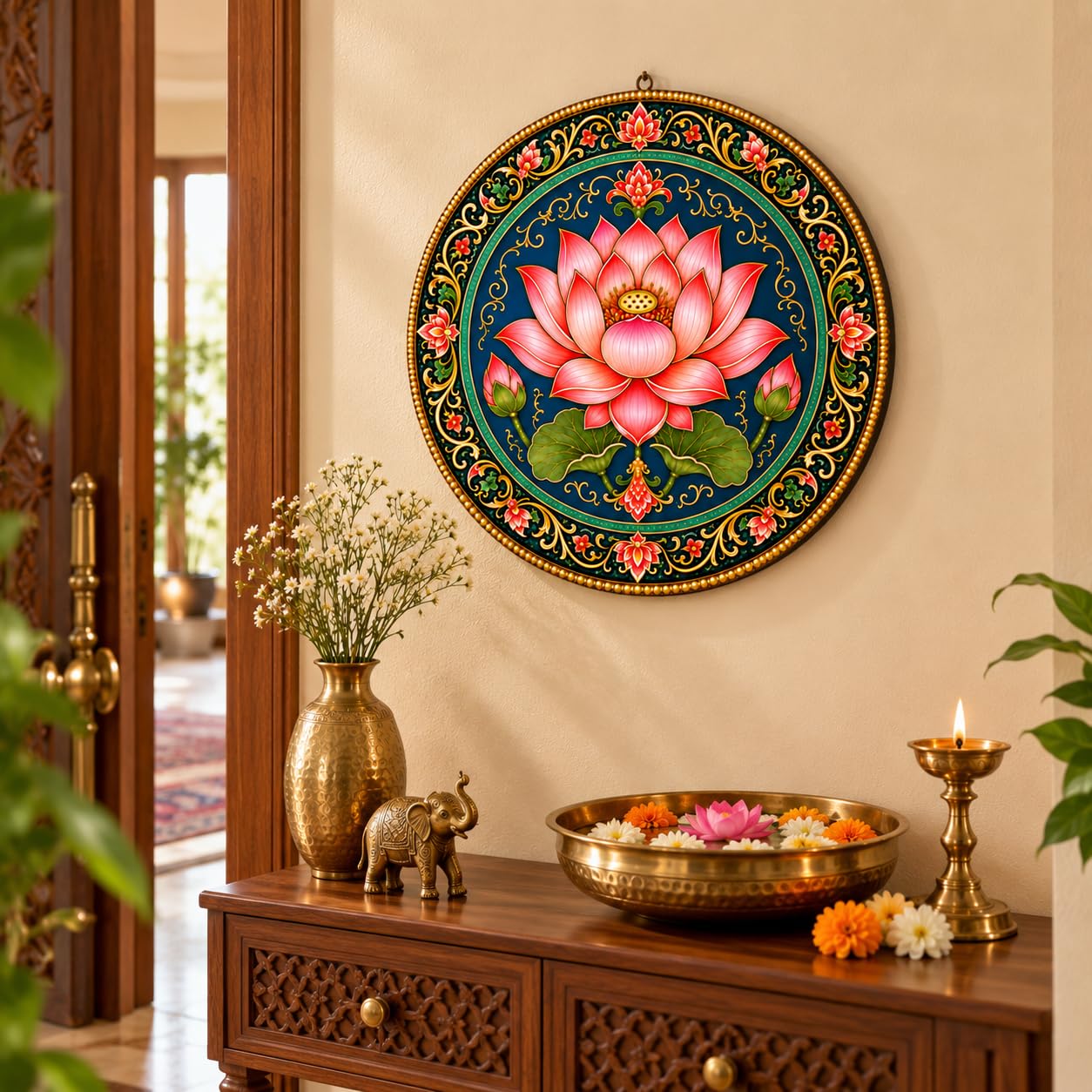 Round Pink Lotus Wall Art for Pooja Ghar Decoration