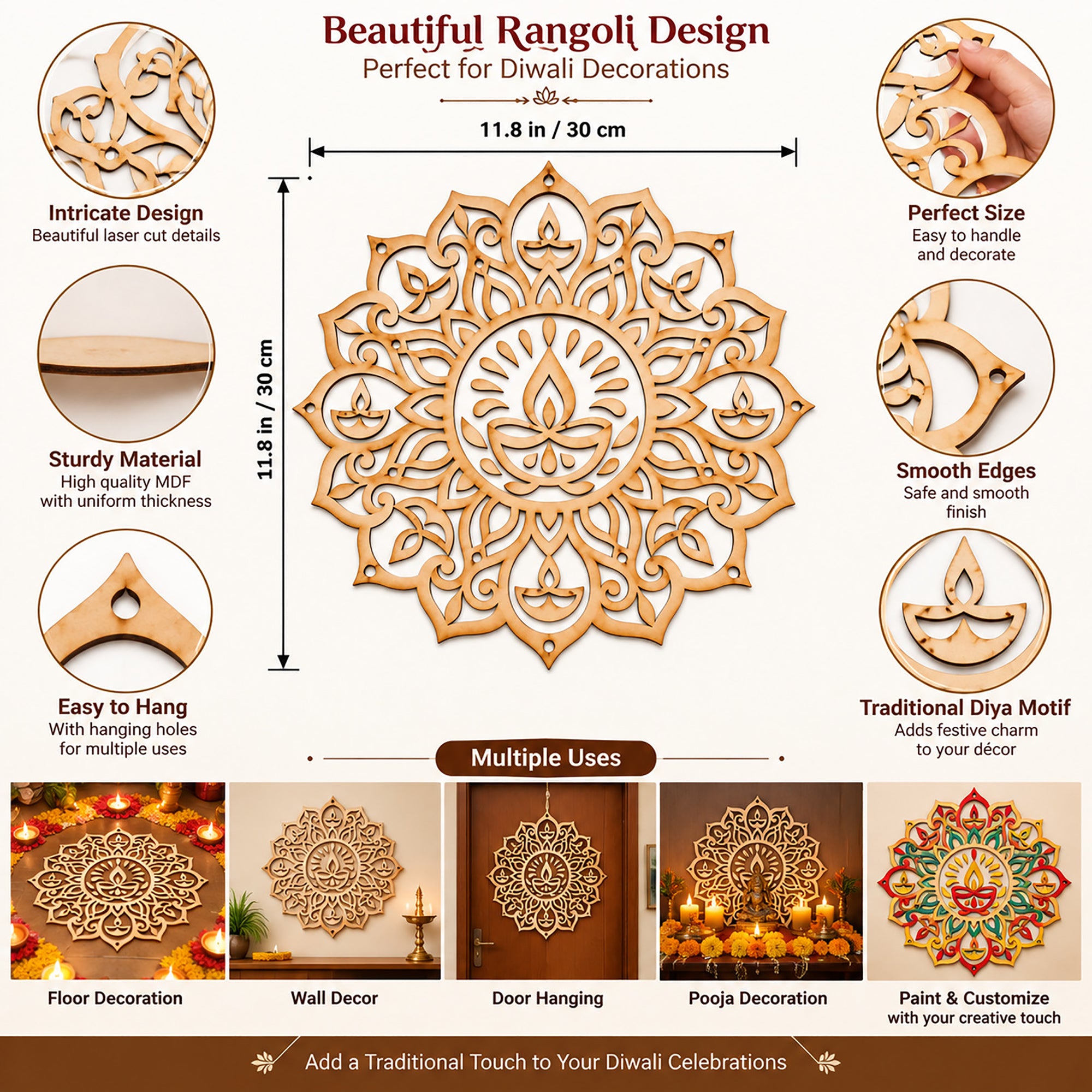 wooden diya rangoli for home decoration