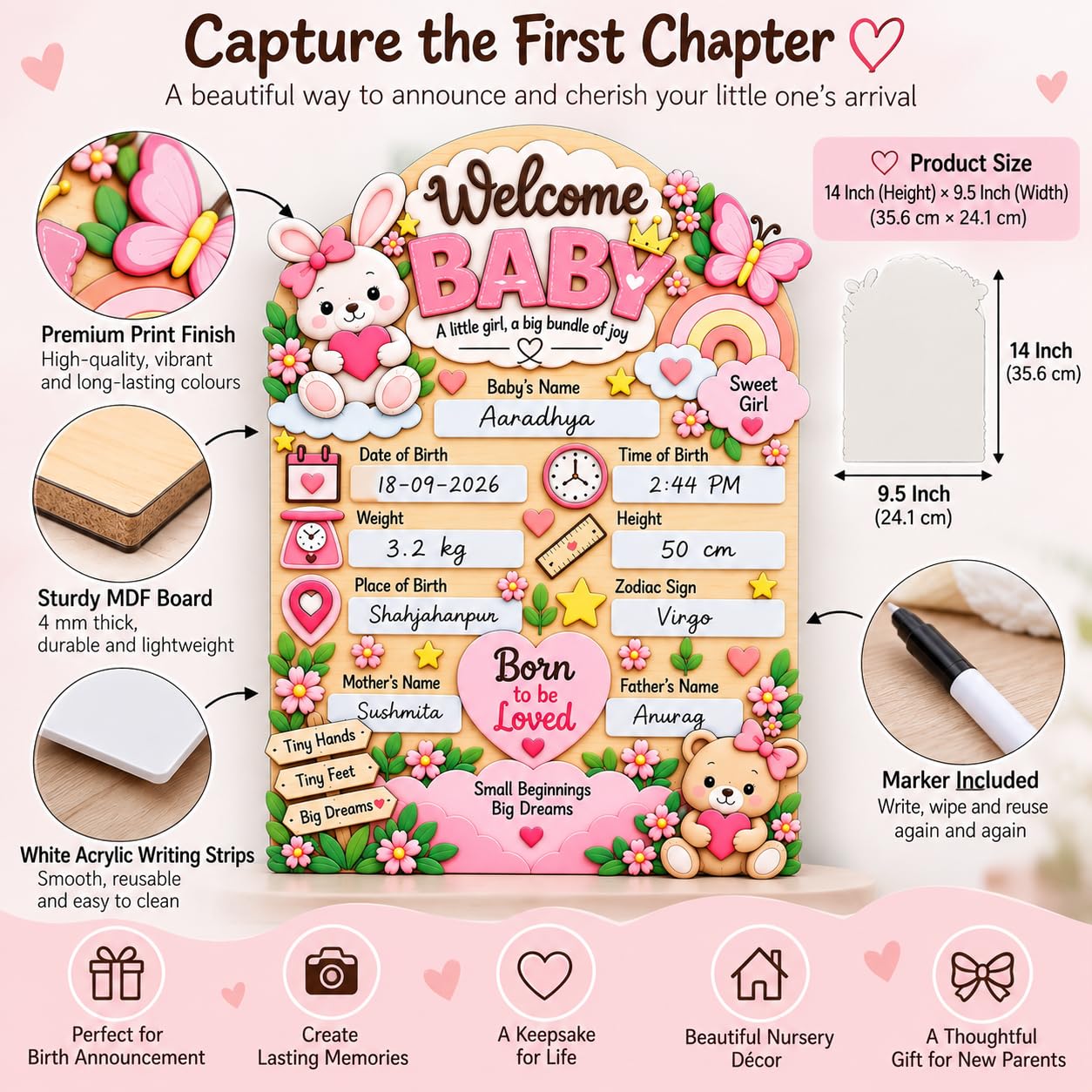 Reusable newborn keepsake board for parents