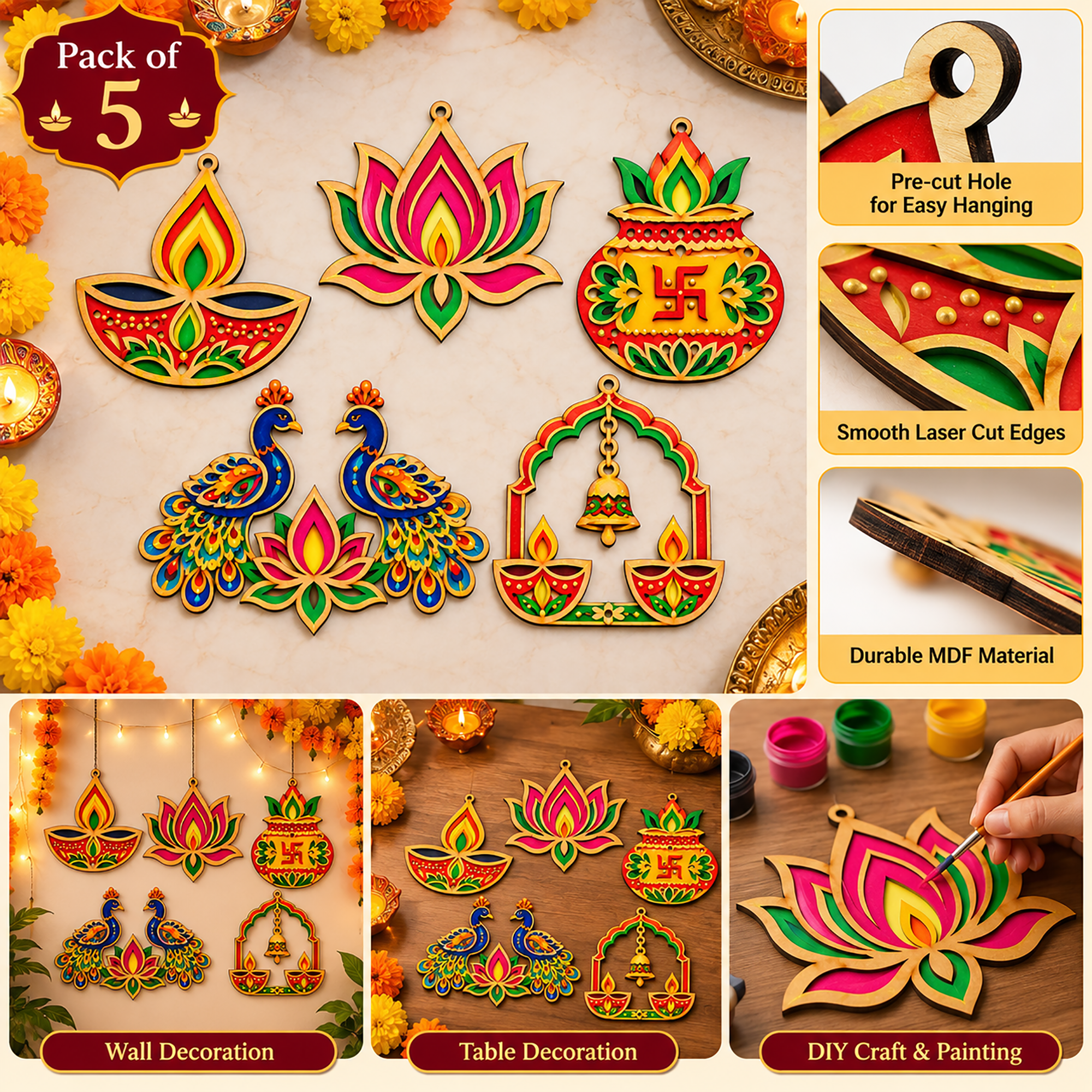 wooden diwali shapes for home decoration