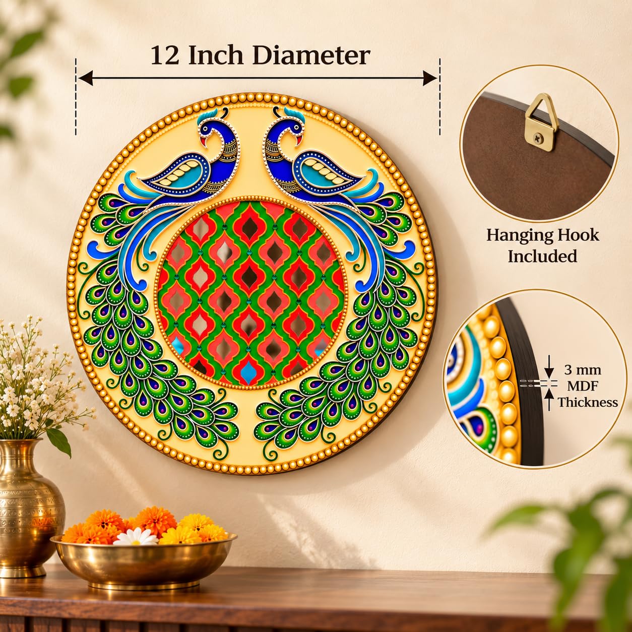 Twin Peacock Spiritual Wall Decor for Pooja Room