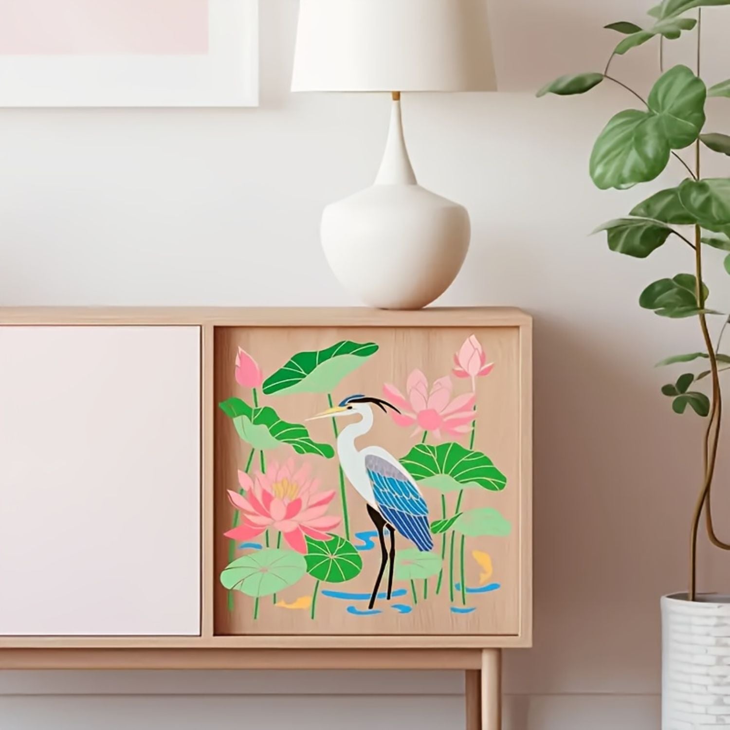 Bird and water lily stencil for artistic home decoration