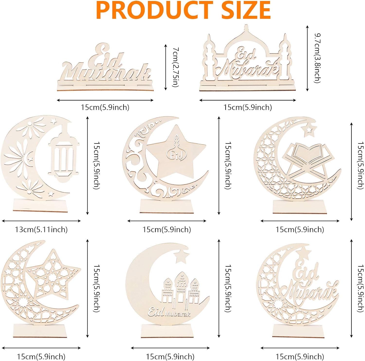 Set of wooden Ramadan decorations with measurements on a white background