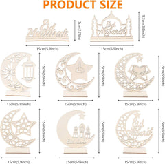 Set of wooden Ramadan decorations with measurements on a white background