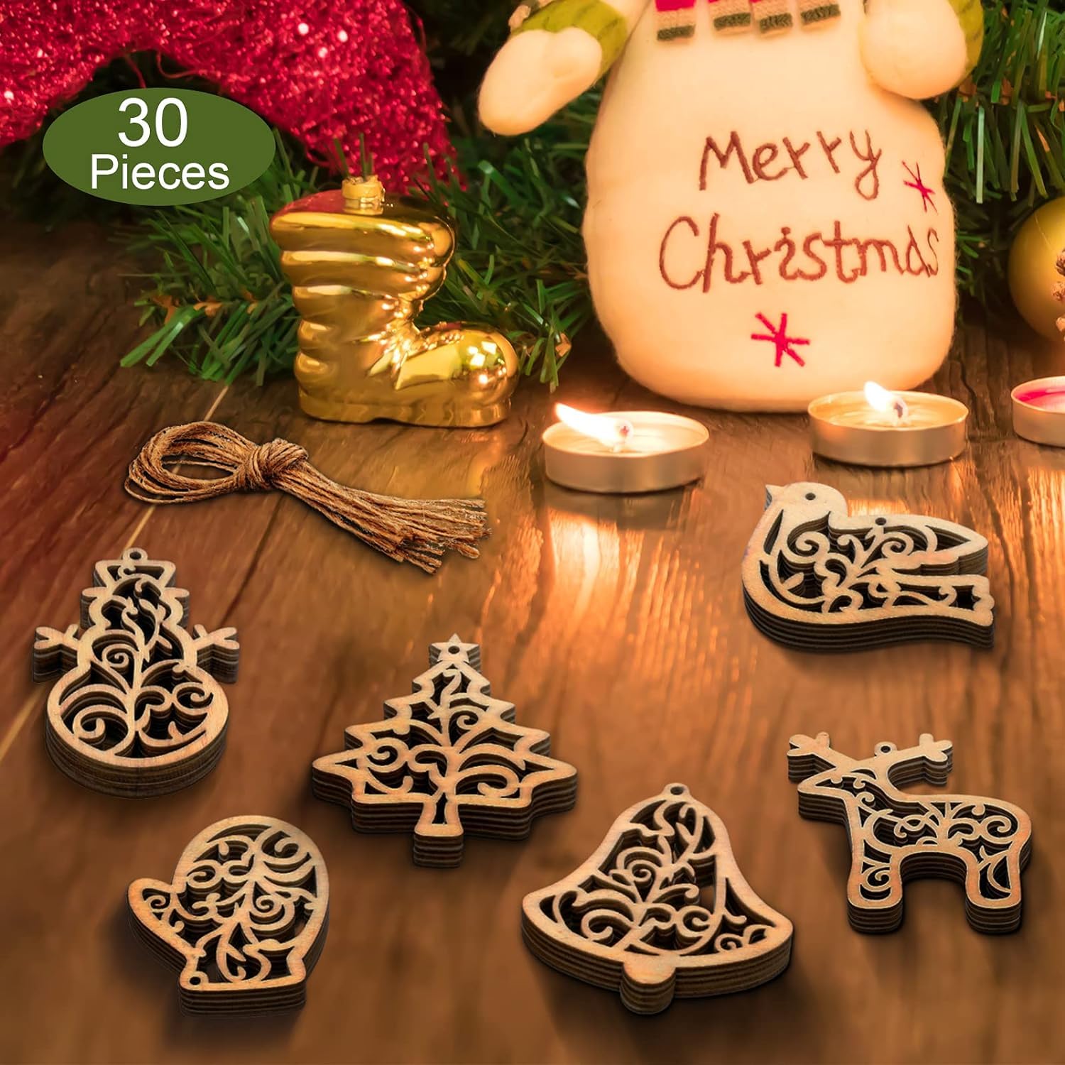 Wooden Christmas ornaments on a wooden surface with candles and a decorative boot.
