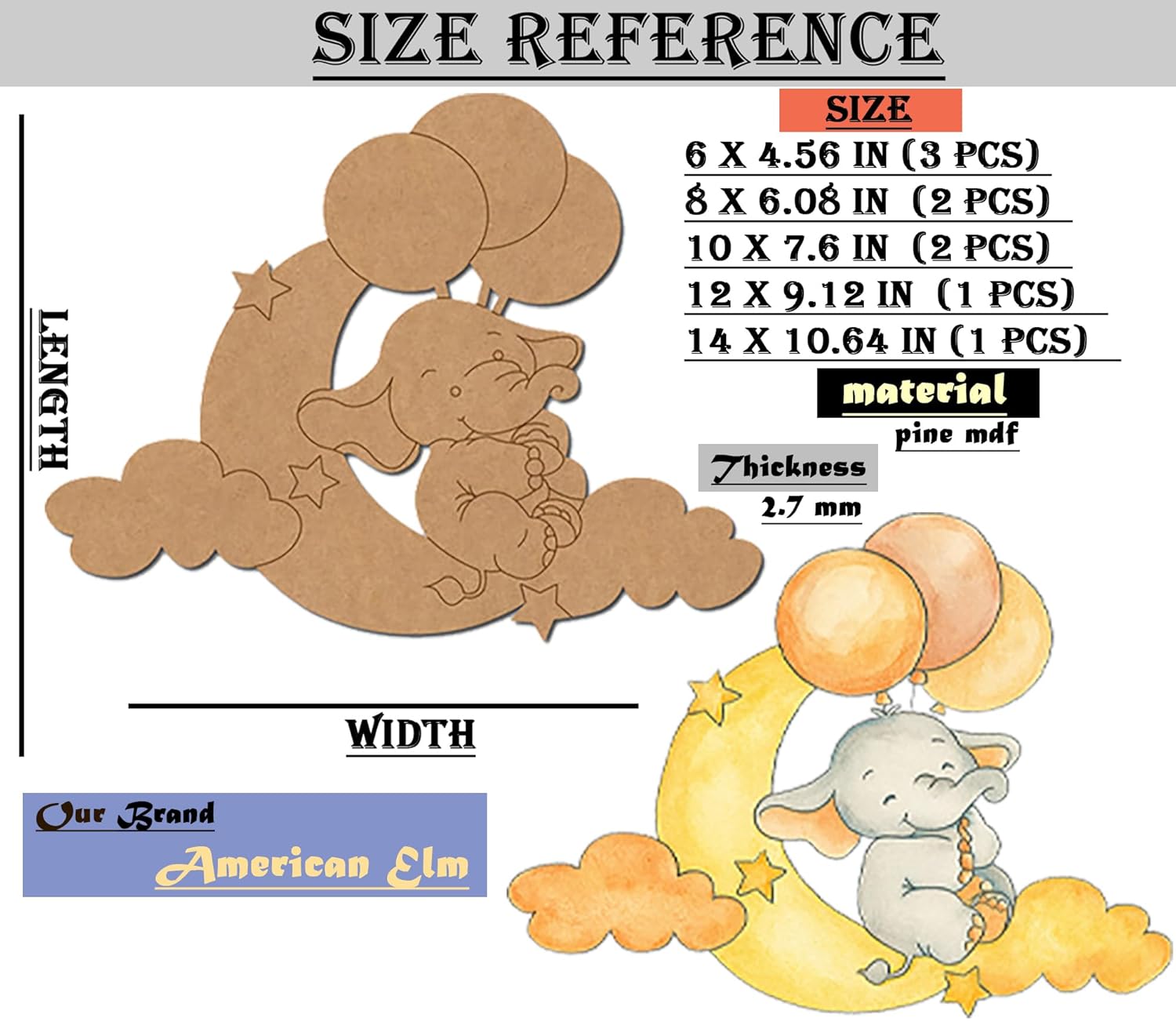 Size reference chart for a decorative item with a cartoon elephant and moon design, featuring dimensions and material details.
