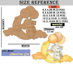 Size reference chart for a decorative item with a cartoon elephant and moon design, featuring dimensions and material details.