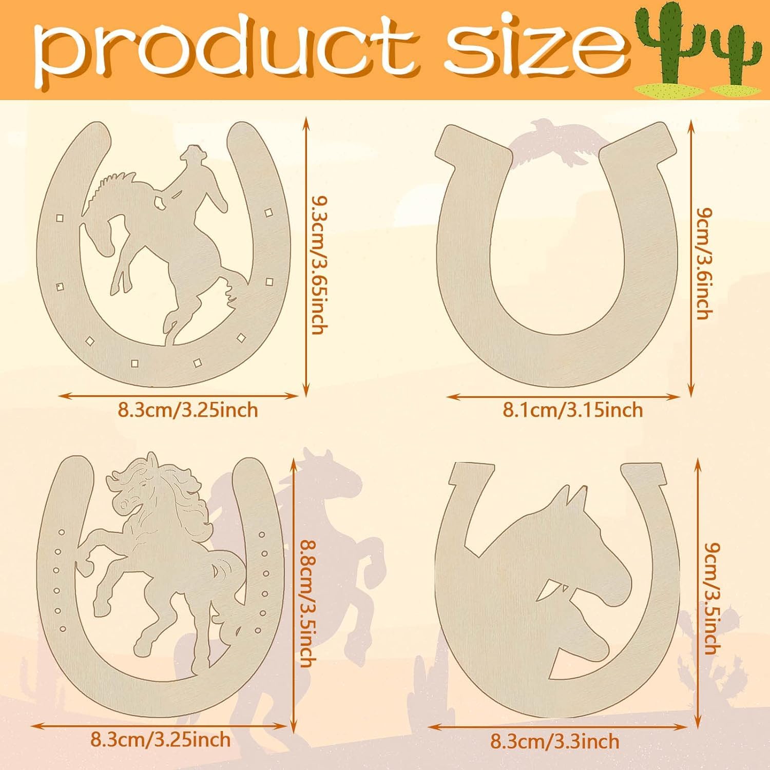 Wooden horse and horseshoe cutouts with measurements on a beige background