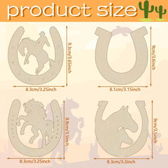 Wooden horse and horseshoe cutouts with measurements on a beige background