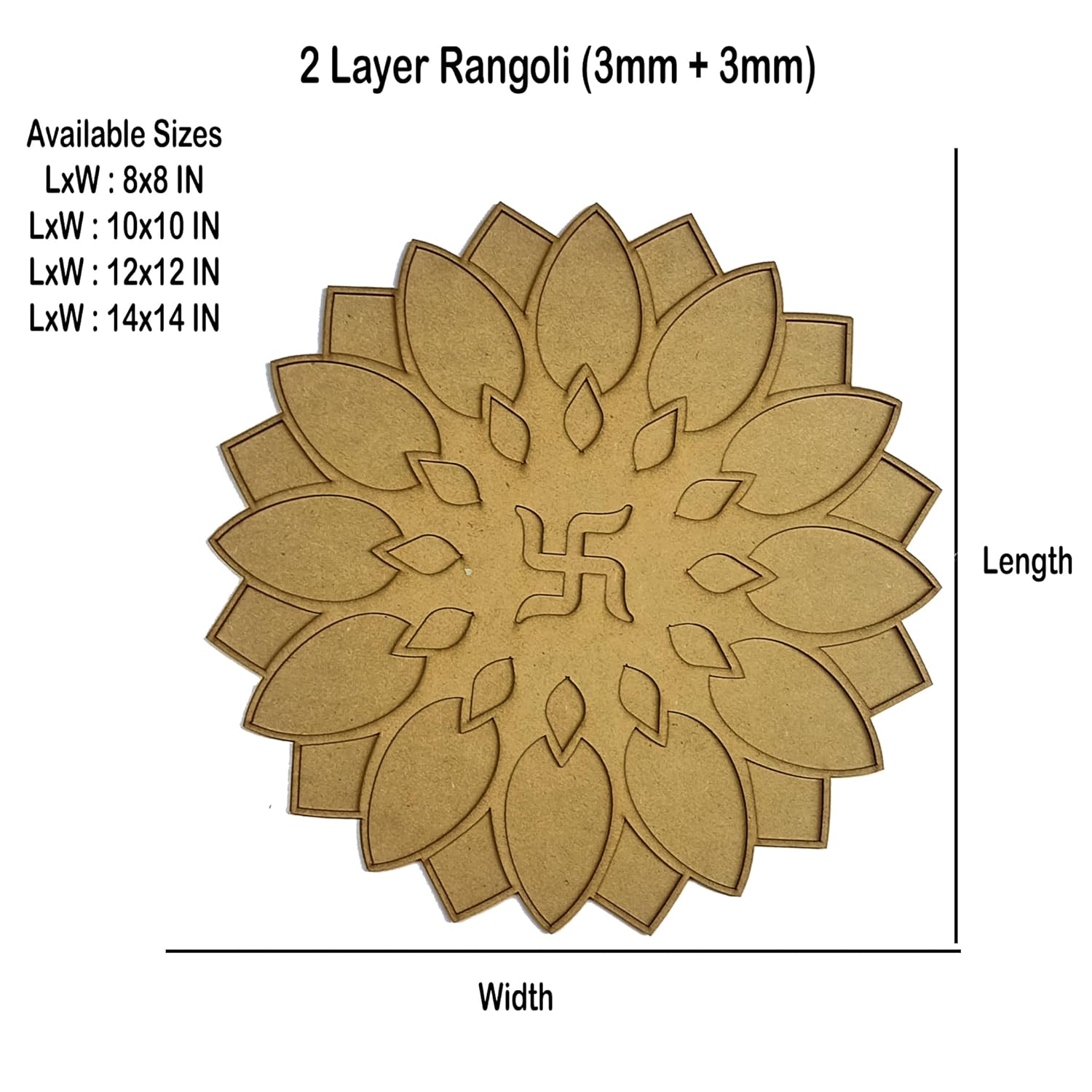 2-layer rangoli design with swastika symbol and dimensions on a white background