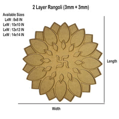 2-layer rangoli design with swastika symbol and dimensions on a white background