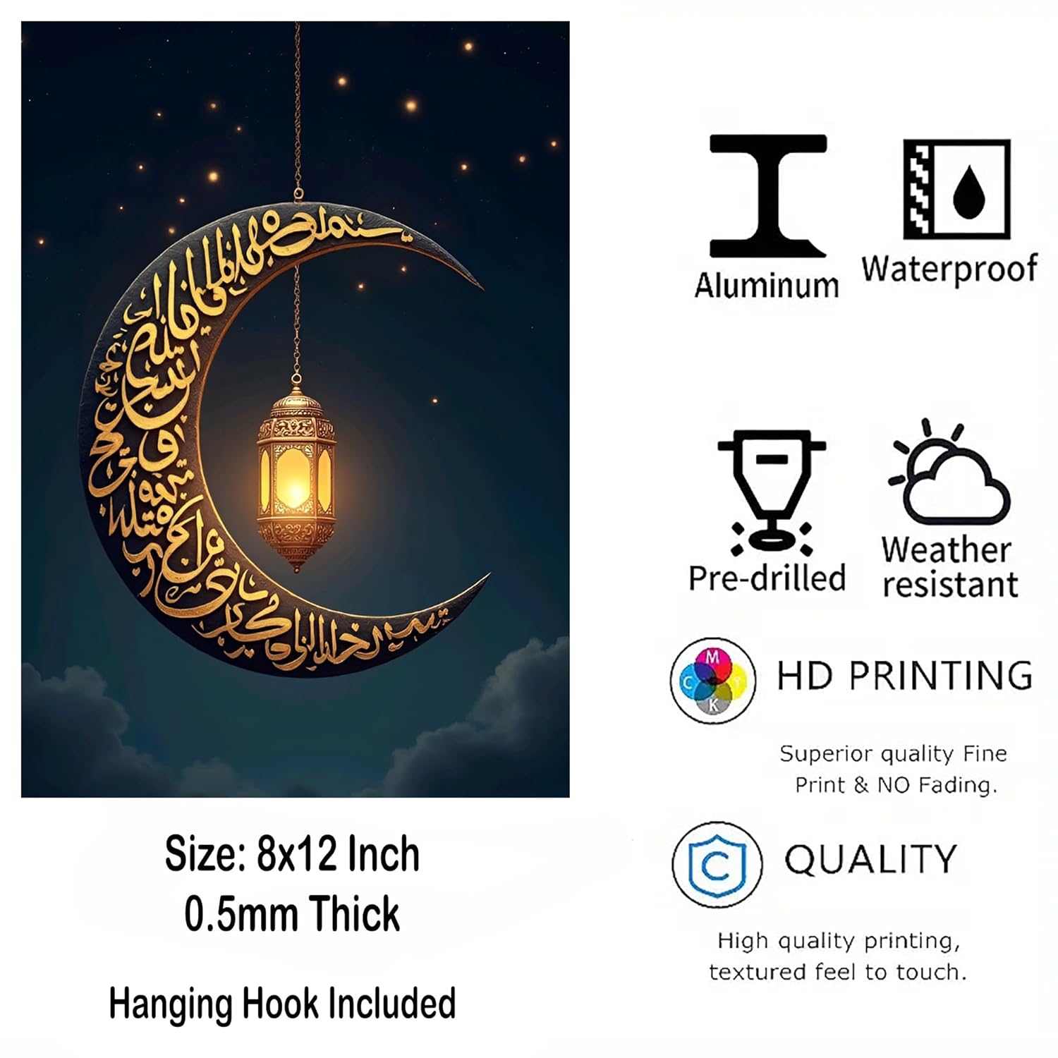 Decorative crescent moon with lantern design on a dark background, featuring waterproof, pre-drilled, weather-resistant, HD printing, and high-quality quality labels.
