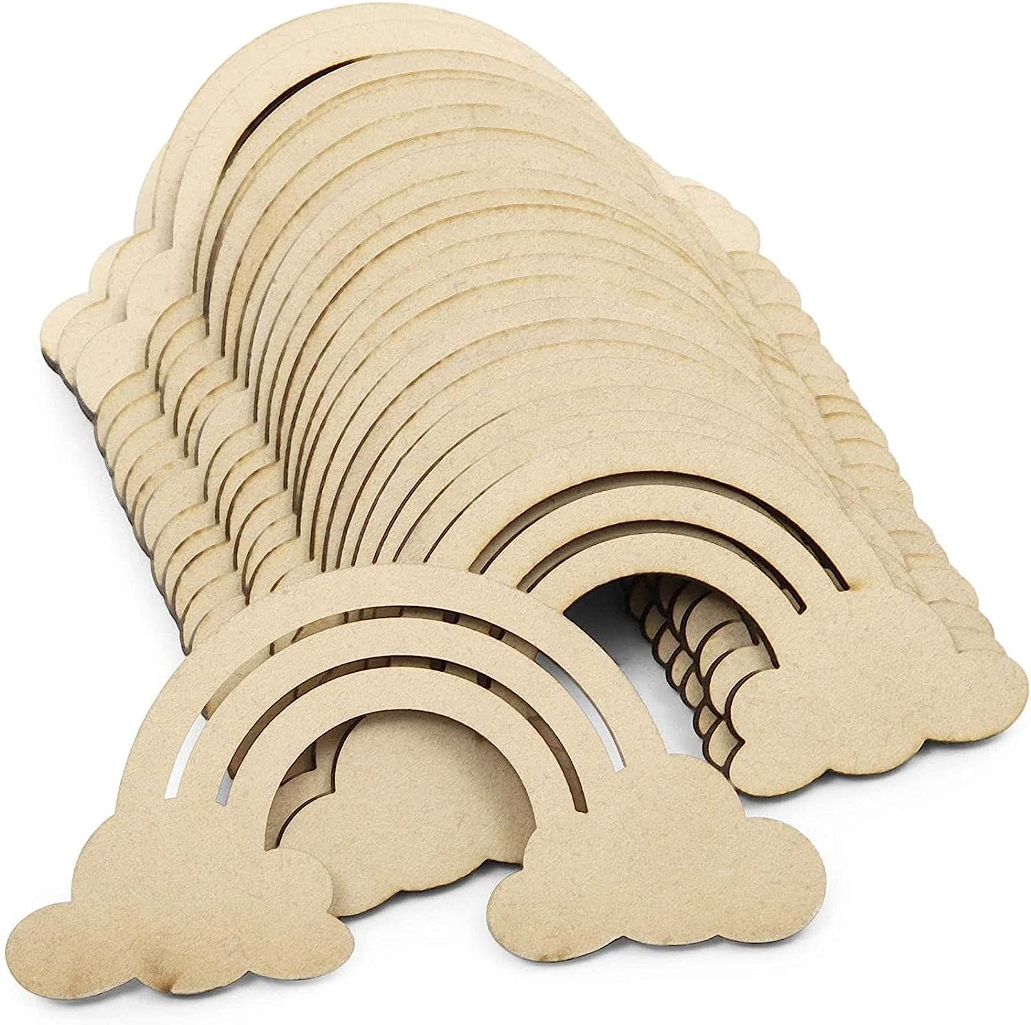 Stack of wooden rainbow and cloud shapes on a white background
