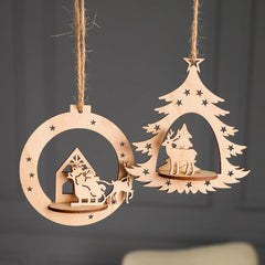 Wooden Christmas tree and house decorations hanging on a dark background