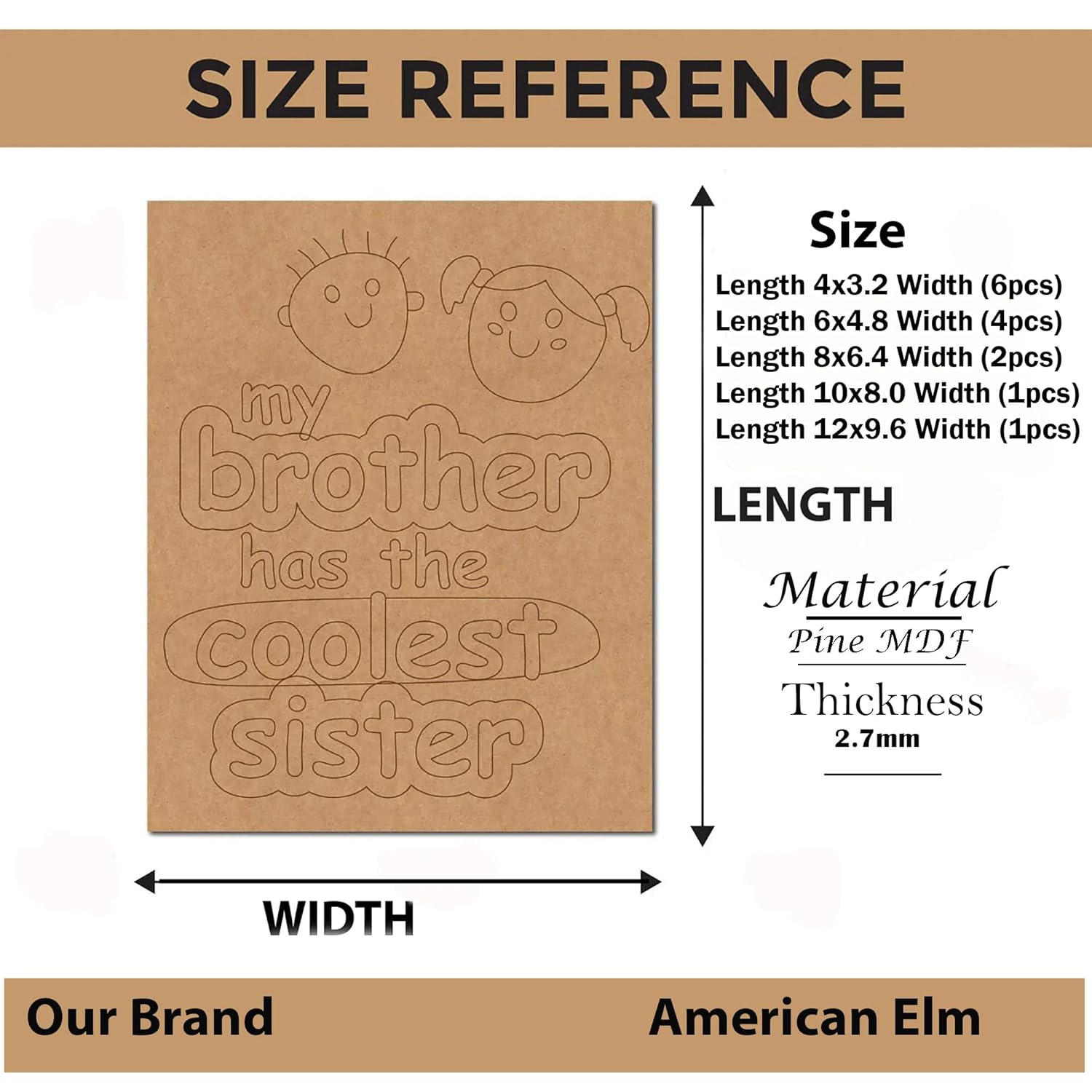 Size reference chart for wooden cutouts with text 'my brother has the coolest sister' on a brown background.