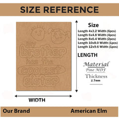 Size reference chart for wooden cutouts with text 'my brother has the coolest sister' on a brown background.