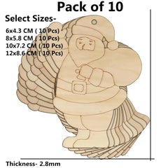 Wooden cutout of a Santa Claus figure with dimensions and packaging details on a white background