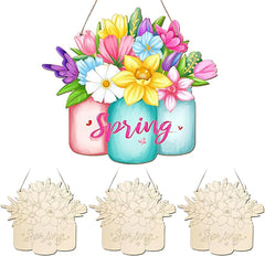 Decorative sign with colorful flowers and 'Spring' text in mason jar shapes on a white background.