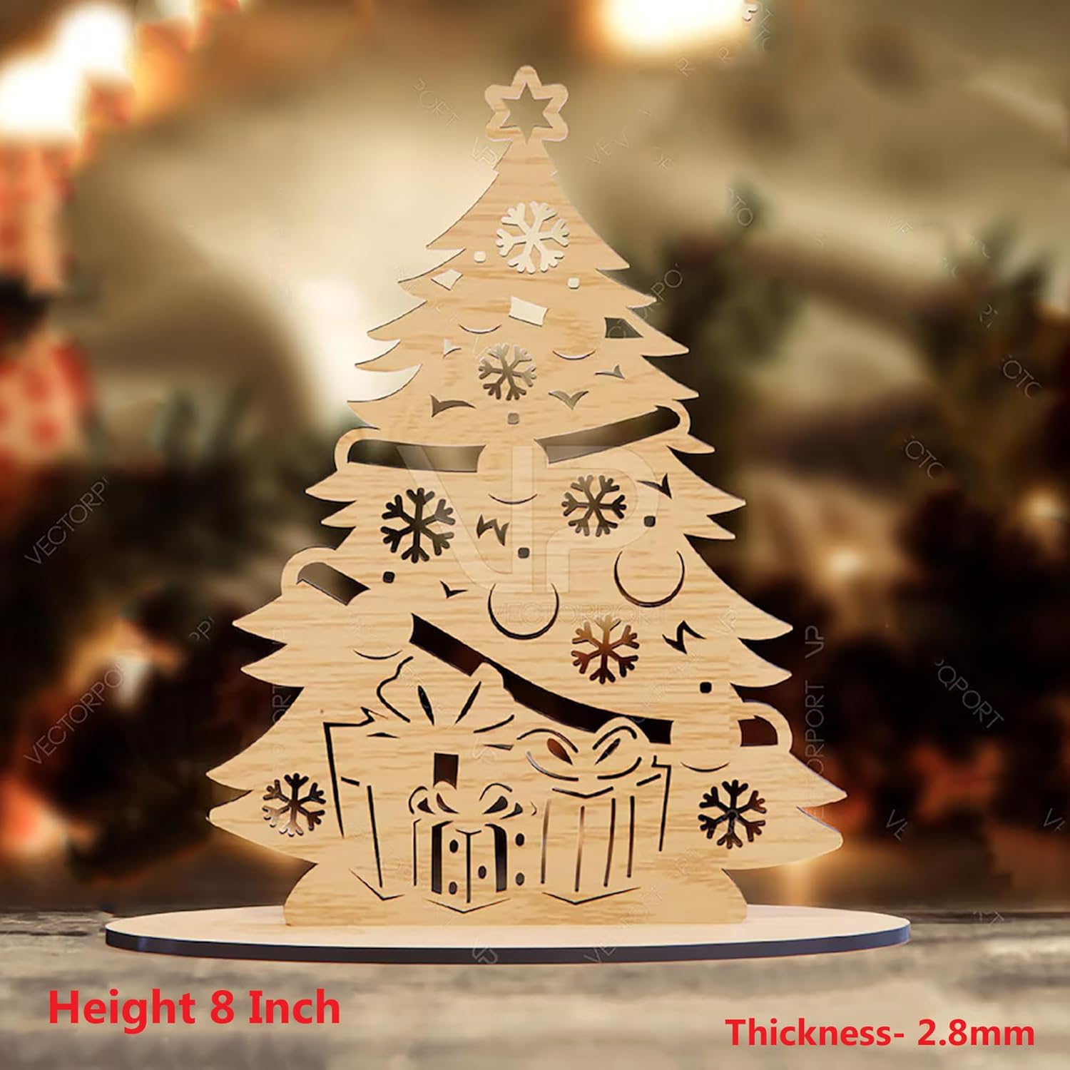 Wooden Christmas tree decoration with cut-out details on a blurred background