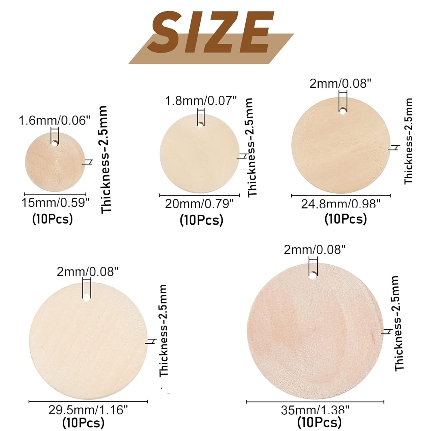 Wooden round shapes with labeled sizes on a white background