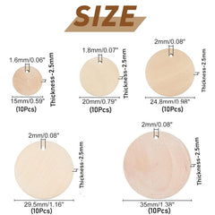 Wooden round shapes with labeled sizes on a white background